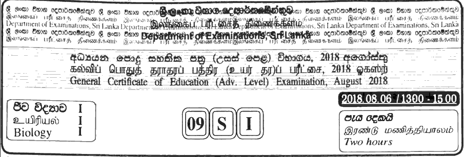 GCE A/L Biology 2018 MCQ - Sinhala